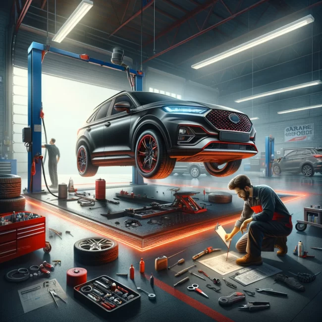 Professional mechanic performing a comprehensive car check-up in a modern garage, with a focus on oil change, tyre inspection, and brake checks, highlighted by red accents.