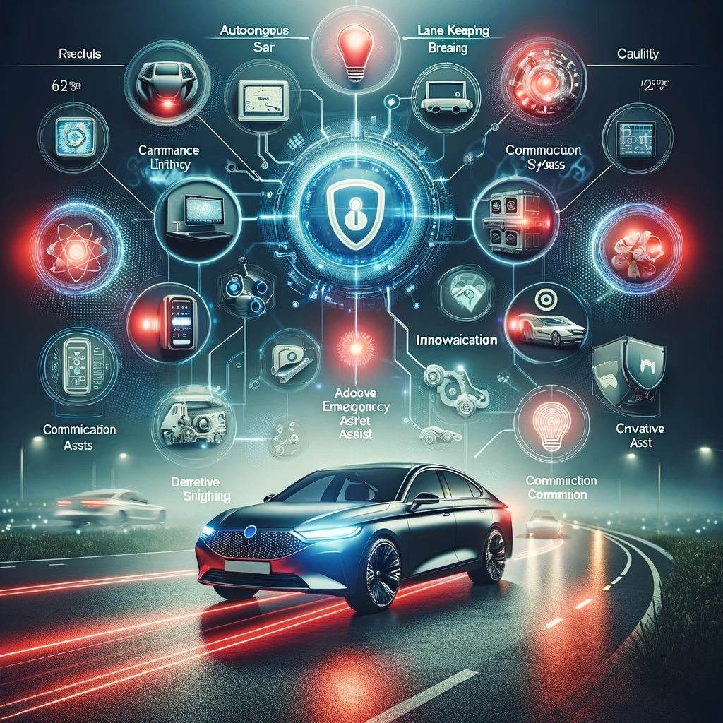 Modern vehicle showcasing the latest in car safety technology, including autonomous emergency braking, lane keeping assist, and advanced connectivity features, highlighted with innovative red accents.