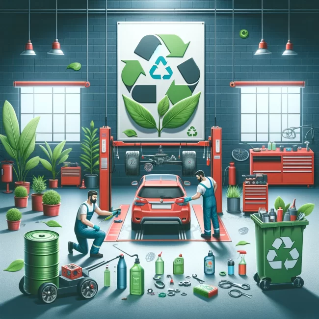 A mechanic using biodegradable products during a car maintenance session, highlighting environmentally friendly practices in a modern garage.
