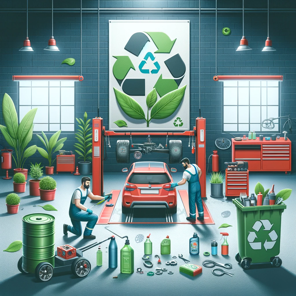 A mechanic using biodegradable products during a car maintenance session, highlighting environmentally friendly practices in a modern garage.