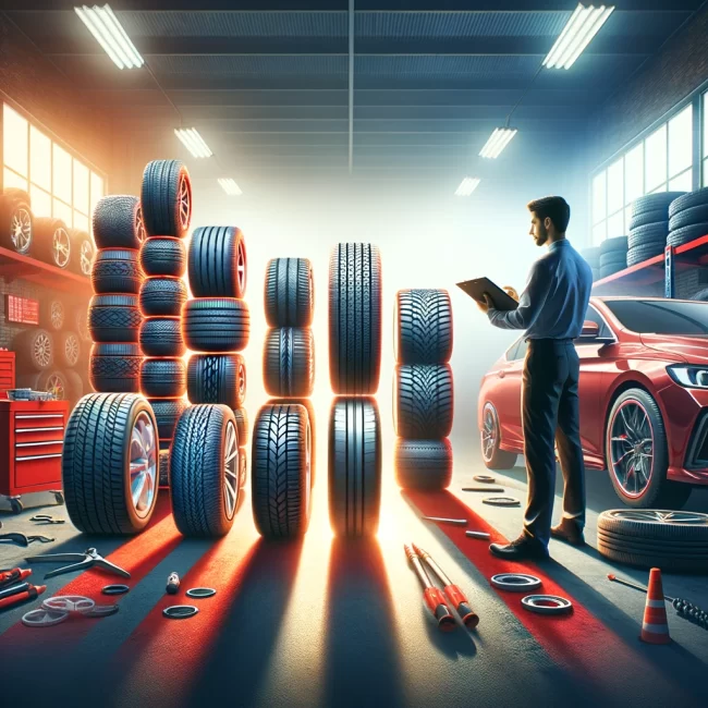 The image accompanying this post illustrates the consultation process between a mechanic and a customer on selecting the appropriate tyres, set against the backdrop of a tyre selection in a garage with red accents.