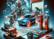 Cutting-edge car technologies displayed in a garage, highlighting electric vehicles, autonomous features, and smart connectivity with red accents.