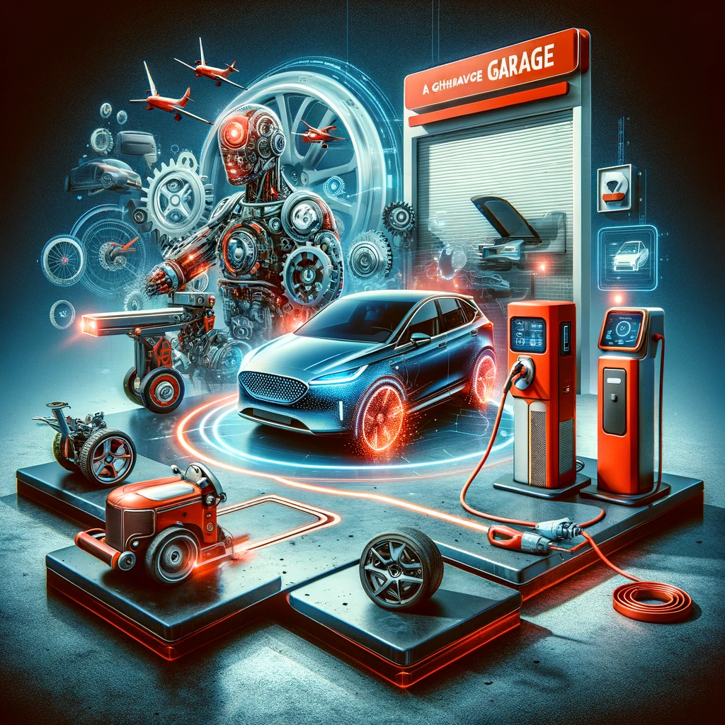 Cutting-edge car technologies displayed in a garage, highlighting electric vehicles, autonomous features, and smart connectivity with red accents.