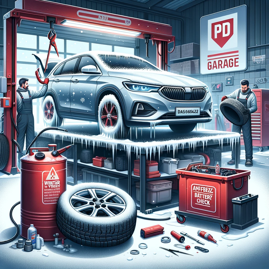 The image accompanying this post illustrates a car being prepared for winter in a garage, highlighting services such as winter tyre fitting, antifreeze top-up, and a battery check, all set against the distinctive red color scheme of PD Garage.